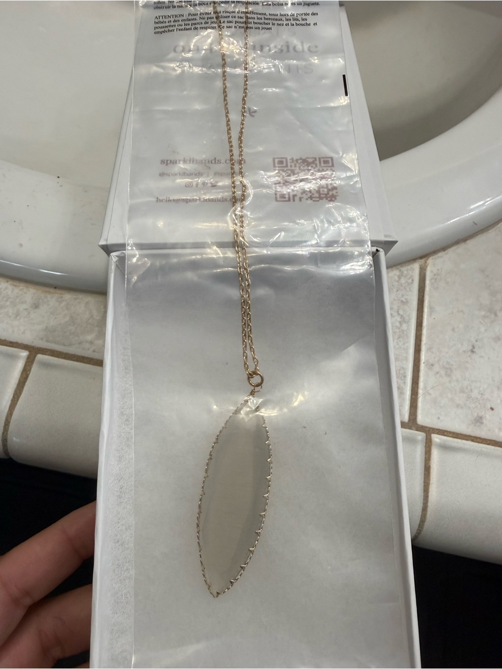 Gold-Trim White Marquise Pendant Necklace - Spark brand New!!